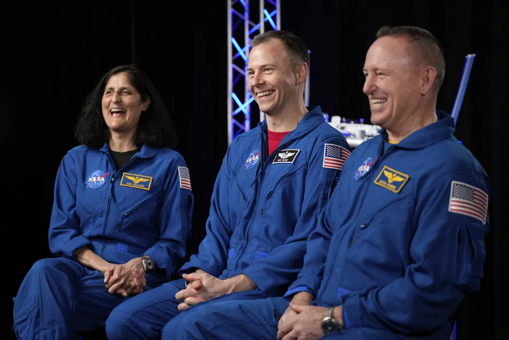 Astronauts Suni Williams, from left, Nick Hague, and Butch Wilmore are interviewed at Johnson Space Center on Monday, March 31, 2025, in Houston.