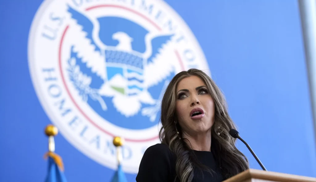 Homeland Security Secretary Kristi Noem speaks to employees at the Department of Homeland Security, Tuesday, Jan. 28, 2025, in Washington.
