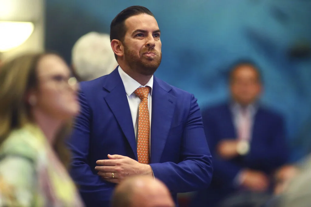 Rep. Daniel Perez, R-Miami reacts as he watches the vote come in on his bill titled SB 4-D - Building Safety in the Florida House of Representatives Wednesday, May 25, 2022 at the Capitol in Tallahassee, Fla. The bill passed 110-0.