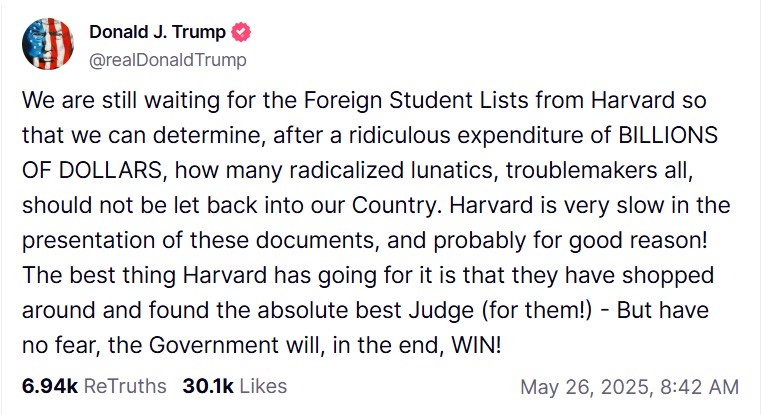 Truth social post from President Donald Trump