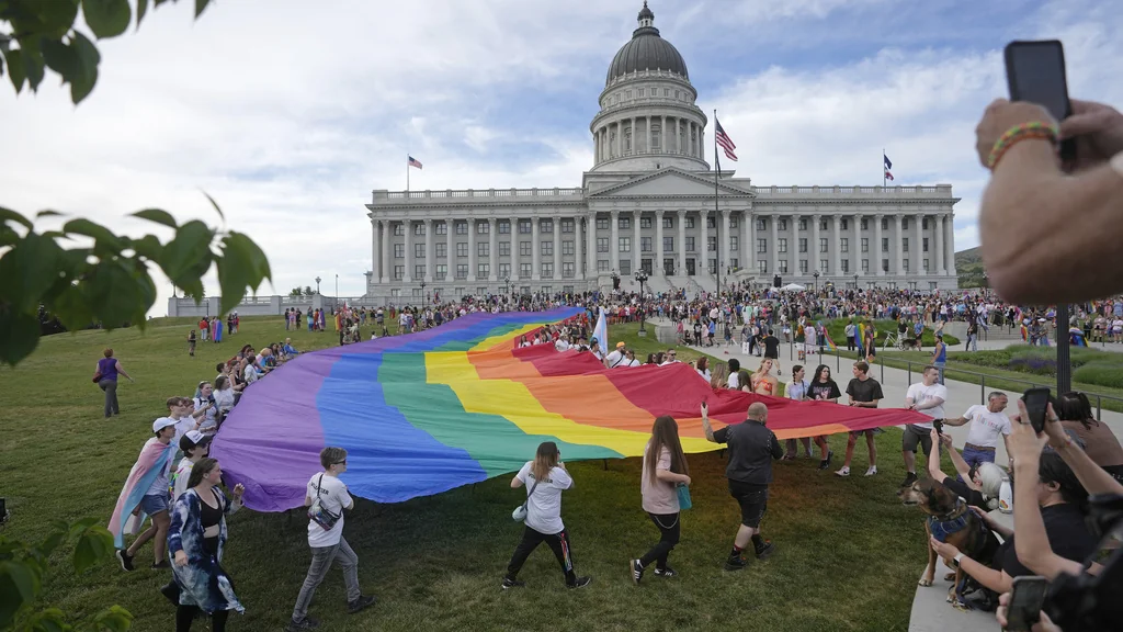 People march following a Pride rally at the Utah State Capitol Friday, June 2, 2023, in Salt Lake City.