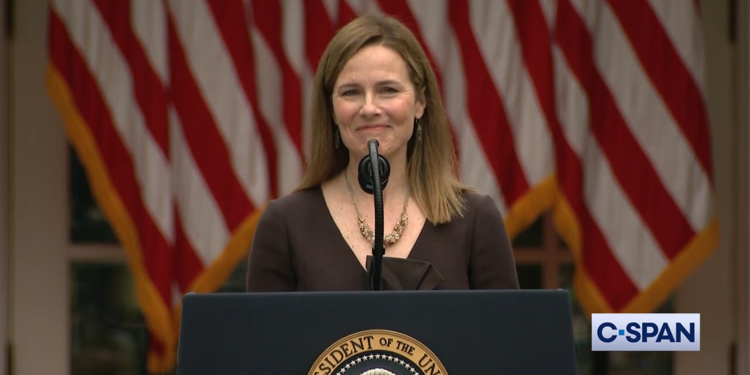 Amy Coney Barrett giving a speech.