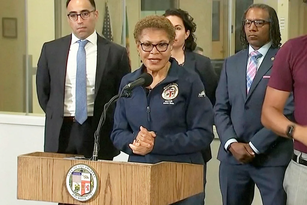 In this image taken from video, Los Angeles Mayor Karen Bass gives a news conference following days of unrest, Tuesday, June 10, 2025, in Los Angeles.