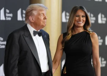 President Donald Trump and first lady Melania Trump arrive to view opening night of "Les Miserables," at the Kennedy Center, Wednesday, June 11, 2025, in Washington.