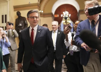 Speaker of the House Mike Johnson, R-La., with House Majority Leader Steve Scalise, R-La., speaks to reporters as he heads to the chamber, at the Capitol in Washington, Wednesday, July 2, 2025.