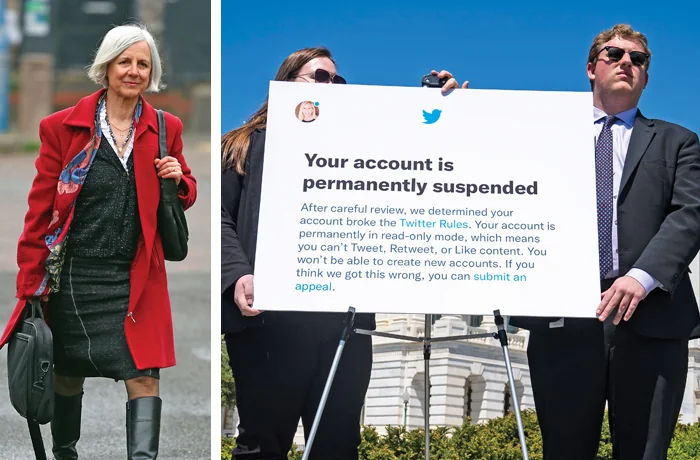 Left, Dr. Livia Tossici-Bolt arrives at court prior to her conviction in Poole, England, April 4, 2025. Right, House staff hold a poster during a protest of Twitter’s censorship policies prior to Elon Musk’s purchasing of the company, April 28, 2022. (Peter Nicholls/Getty; Jabin Botsford/Washington Post/Getty)