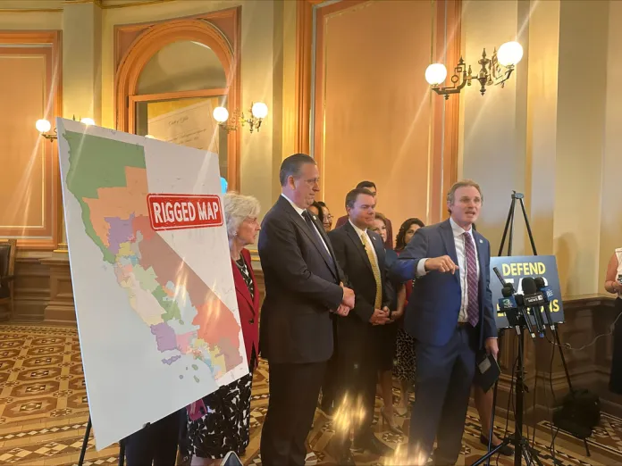 Republican California state Assemblyman James Gallagher opposes Democrats' plan to advance a partisan effort to redraw California congressional districts at a press conference, Monday, Aug. 18, 2025, in Sacramento, California.