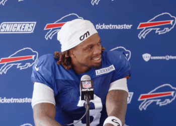 Damar Hamlin talking at a press conference.