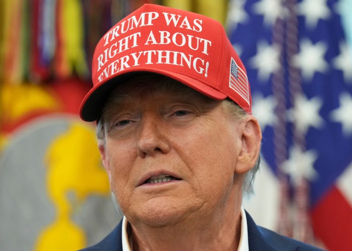 President Donald Trump speaks in the Oval Office of the White House, Friday, Aug. 22, 2025, in Washington. (AP Photo/Jacquelyn Martin)