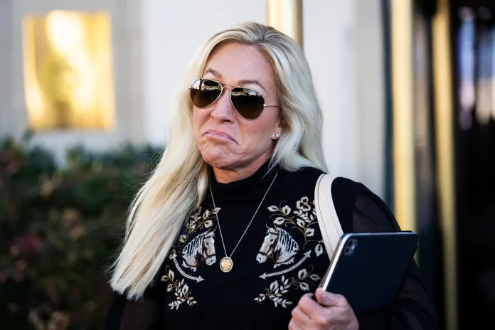 Rep. Marjorie Taylor Greene, R-Ga., leaves the Capitol Hill Club after a meeting of the House Republican Conference on Tuesday, March 25, 2025. (Tom Williams/CQ Roll Call via AP Images)