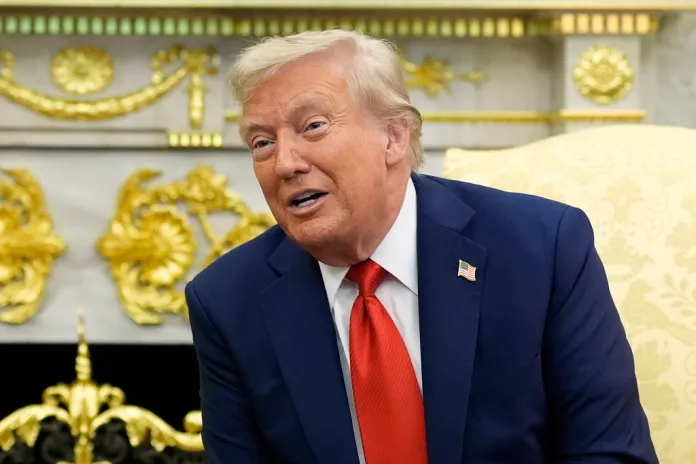 President Donald Trump speaks during a meeting with South Korean President Lee Jae Myung in the Oval Office of the White House, Monday, Aug. 25, 2025, in Washington.