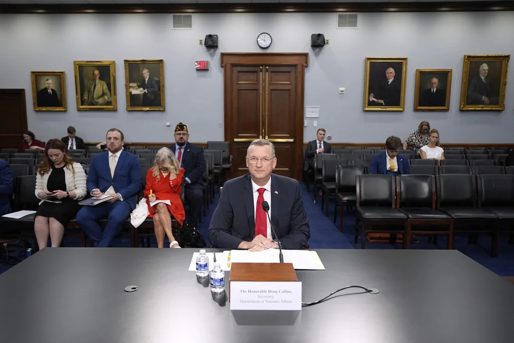 Secretary of Veterans Affairs Doug Collins is seated to testify before a House Committee on Appropriations subcommittee budget hearing on Capitol Hill, Thursday, May 15, 2025, in Washington. (AP Photo/Yuri Gripas)