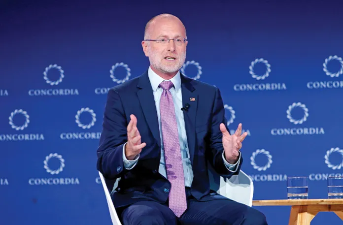 Federal Communications Commission Chairman Brendan Carr speaks in New York City, Sept. 22, 2025. (John Lamparski / Concordia Annual Summit  / Getty)