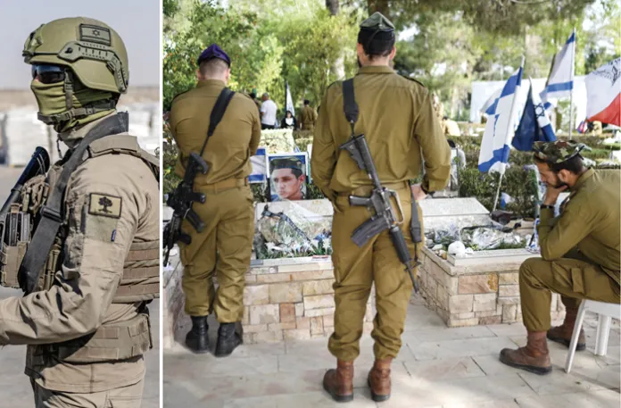 Left: An Israeli soldier stands beside aid packages awaiting pickup at the Kerem Shalom border crossing between Israel and the Gaza Strip, July 24, 2025. Right: mourners at the Jerusalem graves of Israel Defense Forces soldiers killed in the Oct. 7 attacks, April 29, 2025. (Ilia Yefimovich/Picture Alliance/Getty;  Alexi Rosenfeld/Getty)