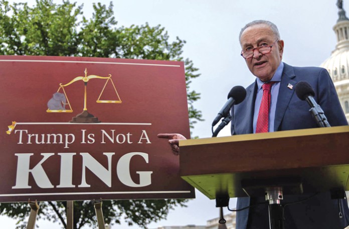 Schumer speaks against Trump’s Big Beautiful Bill outside the US Capitol in Washington, D.C. on June 5.  (Graeme Jennings)