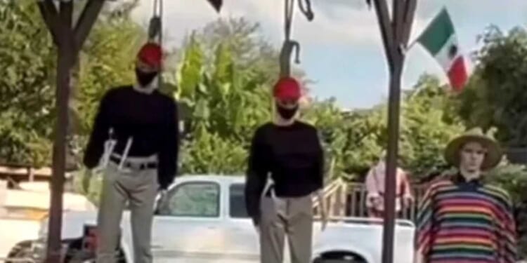 VIDEO: Grotesque Halloween display shows MAGA mannequins hanging by rope with Mexican flag flying above