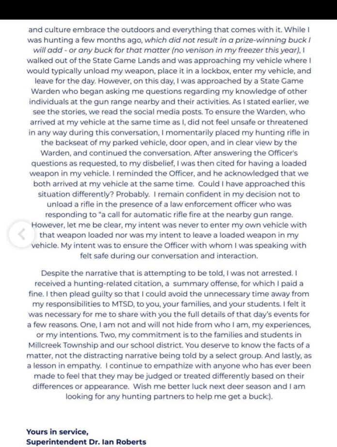 Ian Andre Roberts's statement via Millcreek Township School District.