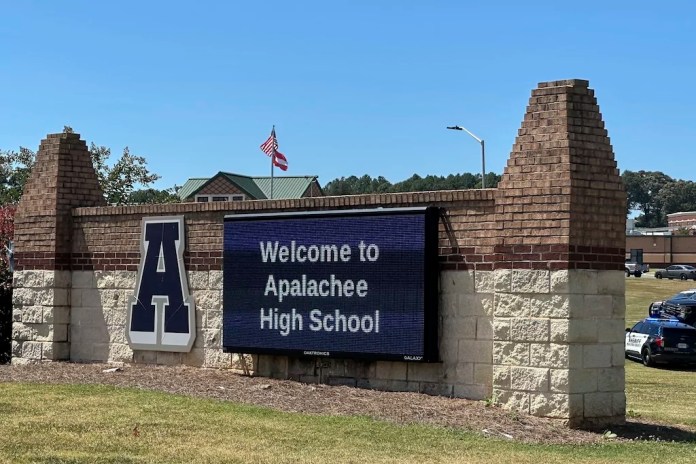 A welcome sign for Apalachee High School in Winder, Georgia.