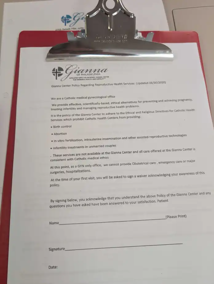Intake form for the Gianna Center of Philadelphia, outlining that the practitioners do not provide care that violates the ethical guidelines set by the Roman Catholic Church