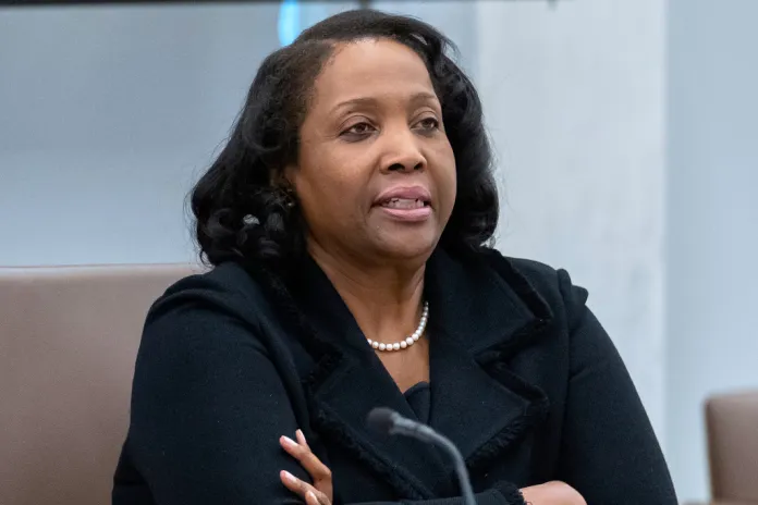 Federal Reserve Board of Governors member Lisa Cook listens during an open meeting of the Board of Governors at the Federal Reserve, June 25, 2025, in Washington. 