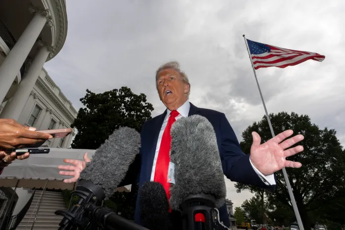 President Donald Trump speaks with reporters before departing on Marine One from the South Lawn of the White House, Tuesday, Sept. 16, 2025, in Washington.
