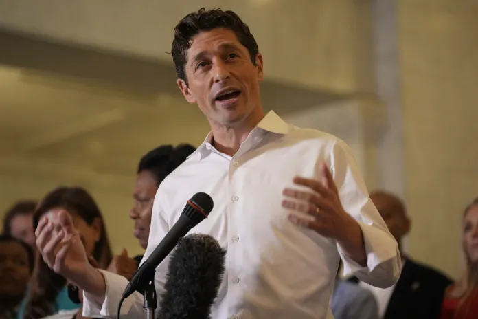 Minneapolis Mayor Jacob Frey speaks during a news conference in Minneapolis City Hall, Thursday, Aug. 28, 2025, in Minneapolis. 