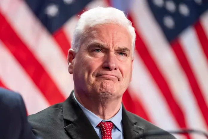 Rep. Tom Emmer, R-Minn., is seated before President-elect Donald Trump arrives at a meeting of the House GOP conference, Wednesday, Nov. 13, 2024, in Washington. (AP Photo/Alex Brandon)