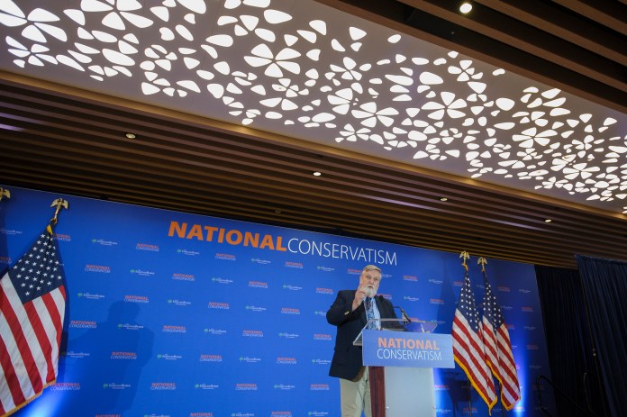 Douglas Wilson, Senior Minister of Christ Church, Moscow, Idaho, speaks at the National Conservatism Conference, Thursday, Sept. 4, 2025, in Washington. (AP Photo/Rod Lamkey, Jr.)