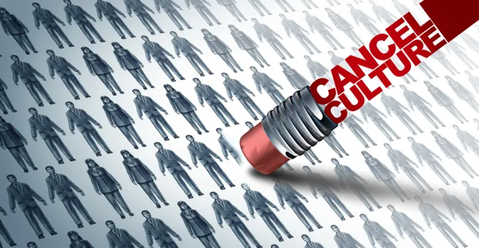 Cancel culture symbol or cultural cancellation and social media censorship as canceling or restricting opinions that are offensive or controversial to the public with 3D illustration elements.