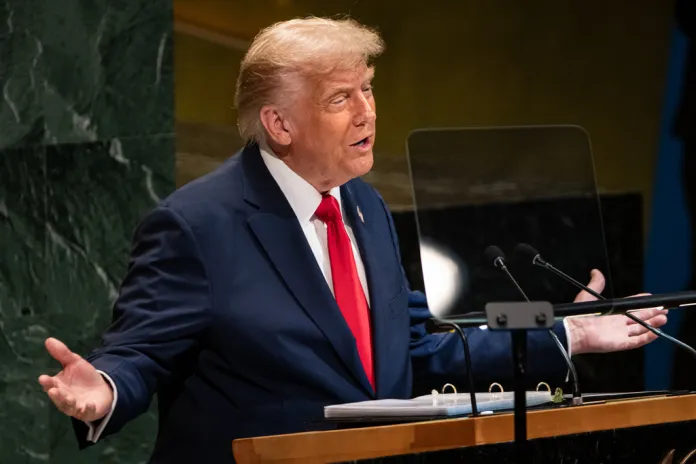 President Donald Trump addresses the 80th session of the United Nations General Assembly, Tuesday, Sept. 23, 2025, at U.N. headquarters. 