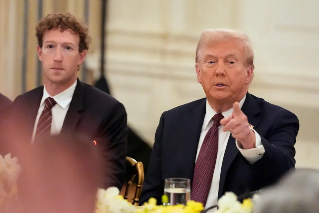 Facebook CEO Mark Zuckerberg listens as President Donald Trump speaks during a dinner in the State Dinning Room of the White House, Thursday, Sept. 4, 2025, in Washington. 