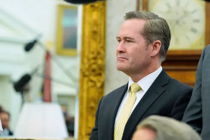 White House national security adviser Mike Waltz listens as President Donald Trump meets with Italy's Prime Minister Giorgia Meloni in the Oval Office of the White House, Thursday, April 17, 2025, in Washington.
