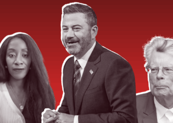 triptych of Karen Attiah, Jimmy Kimmel, and Stephen King on a red background