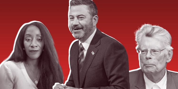 triptych of Karen Attiah, Jimmy Kimmel, and Stephen King on a red background