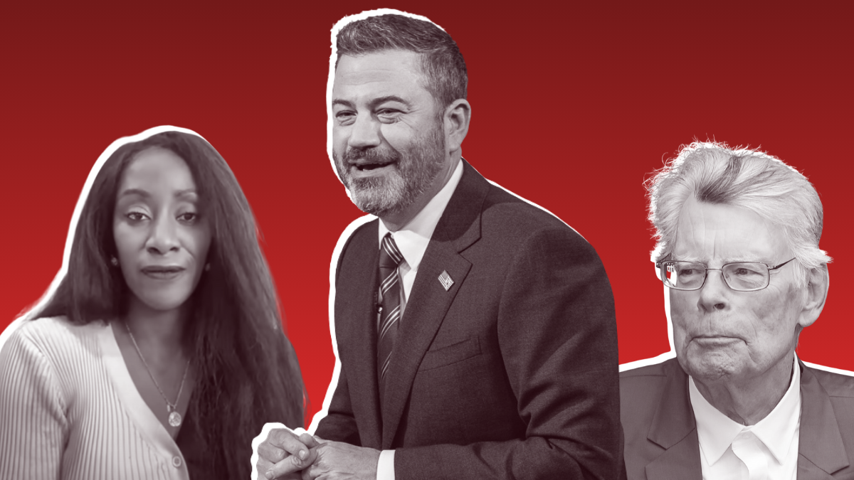 triptych of Karen Attiah, Jimmy Kimmel, and Stephen King on a red background