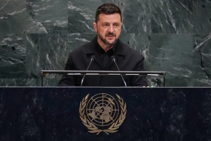 Ukrainian President Volodymyr Zelensky addresses the 80th session of the United Nations General Assembly.