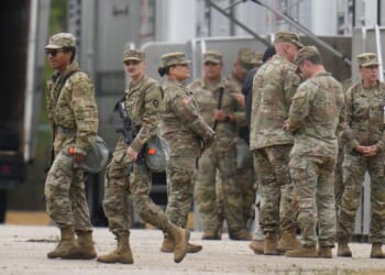 Texas National Guard members staged outside of Chicago