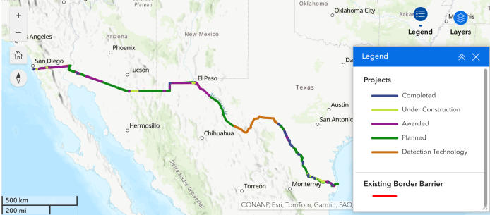 The map shows where smart wall border projects are underway and complete. (Screenshot: U.S. Customs and Border Protection)