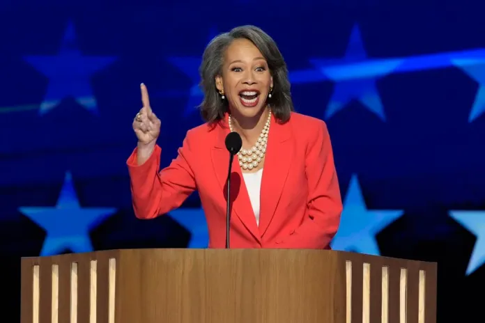 Rep. Lisa Blunt Rochester, D-Del., speaks during the Democratic National Convention Wednesday, Aug. 21, 2024, in Chicago. (AP Photo/J. Scott Applewhite)
