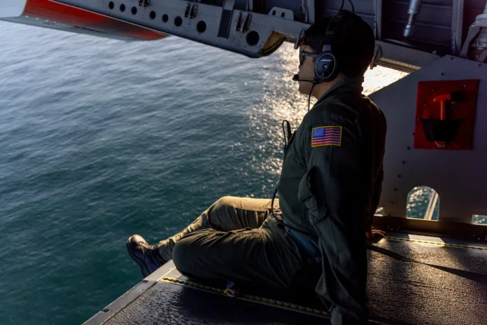 Dropmaster AMT3 Sebastian Hernandez onboard a HC-144B Maritime Patrol Aircraft off the coast of Padre Island, Texas.