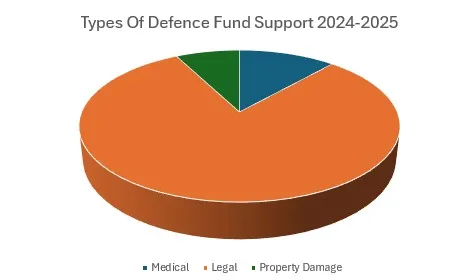 A pie chart breaking down Antifa International's defense fund disbursement over the past decade | intlantifadefence.wordpress.com