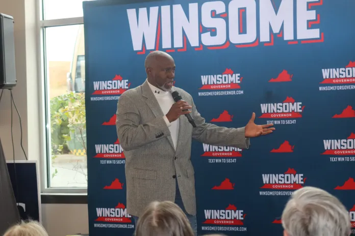 Terence Sears, stepped in for his wife at the Charlottesville event, speaking to voters on Wednesday Oct. 29, 2025. (Samantha-Jo Roth, Washington Examiner)