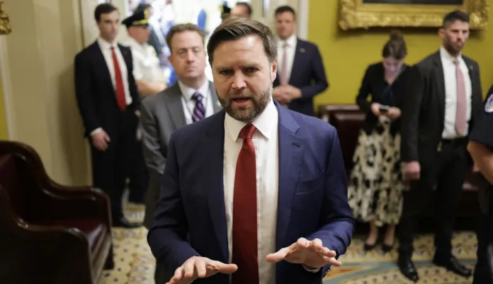 Vice President JD Vance speaks to reporters after a Senate Republican lunch on Tuesday, Oct. 28, 2025.