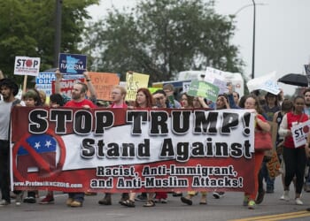 About 400 protesters gathered outside the Minneapolis Convention Center where Donald Trump was holding a private fundraising event.