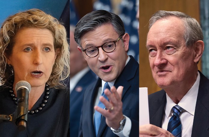 Left to right: Rep. Jen Kiggans (R-VA), House Speaker Mike Johnson (R-LA), and Sen. Mike Crapo (R-ID) (AP Photos)