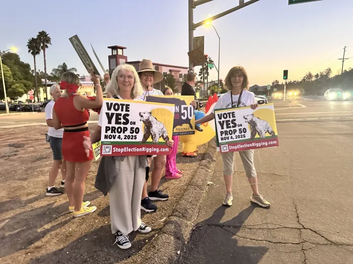 A group of Proposition 50 supporters gather in Escondido, California, on Oct. 30, 2025. (Barnini Chakraborty/Washington Examiner)