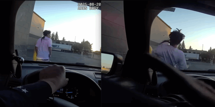 Cop driving patrol car doesn't mess around when he spots alleged gunman on the run — and reaching for his waistband