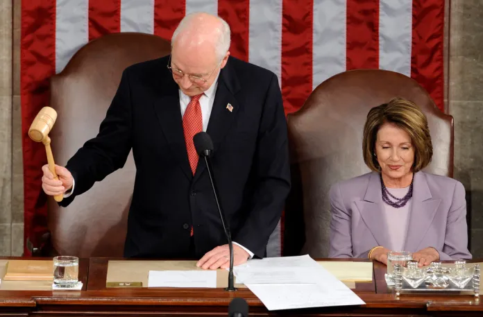 FILE - Vice President Dick Cheney accompanied by House Speaker Nancy Pelosi of Calif., bangs the gavel at the conclusion of the counting of the Electoral College votes, Thursday, Jan. 8, 2009, during a joint session of Congress.