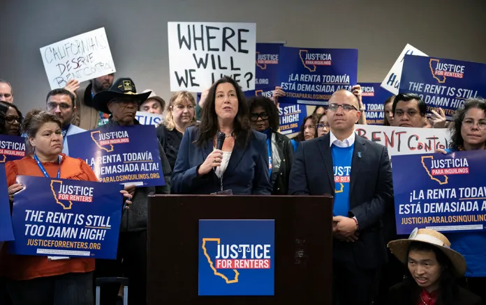 Christine Pelosi, a Democratic National Committee member, speaks at a rally in support of the 'Justice for Renters Act.