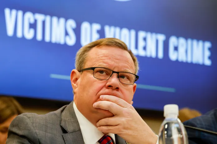 Congressman Tim Moore (R-NC) listens to testimony as the House Judiciary Subcommittee on Oversight holds a field hearing on violent crime in Charlotte, N.C., Monday, Sept. 29, 2025. (AP Photo/Nell Redmond